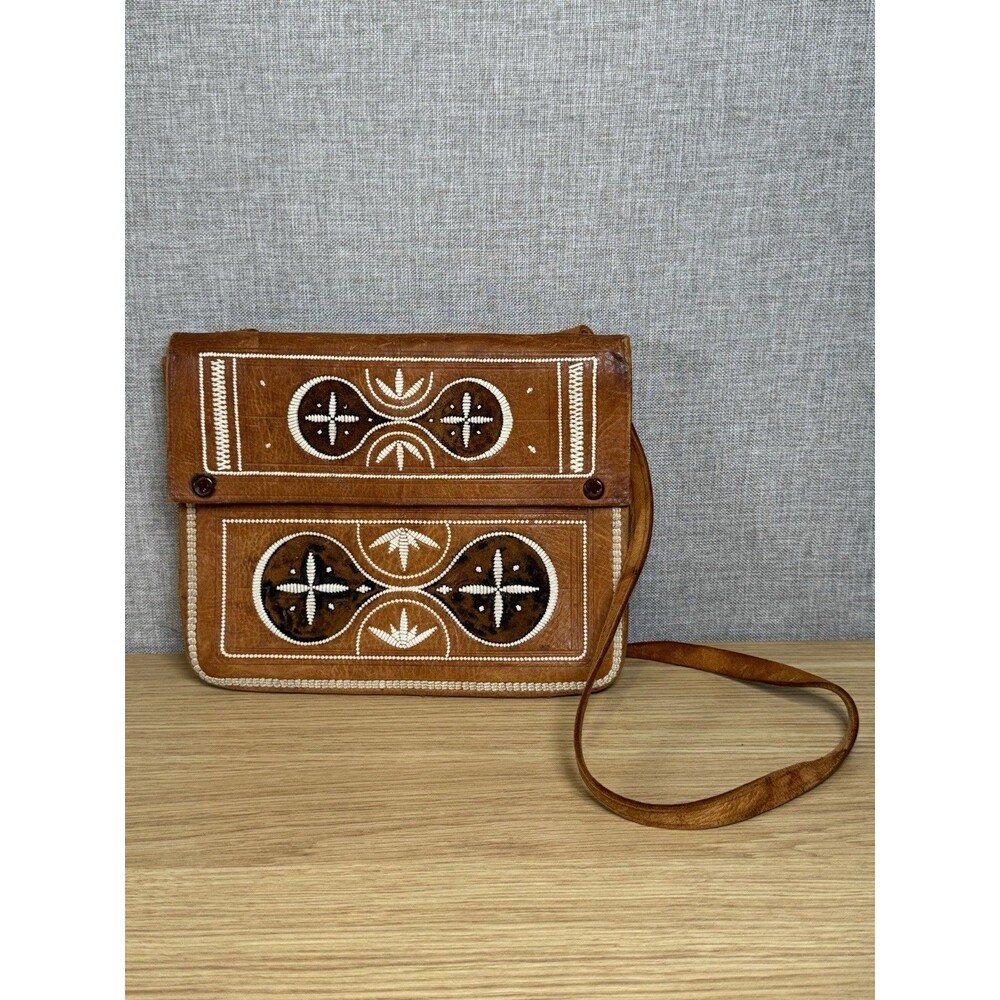 Vintage 1970 Moroccan Hand Tooled Leather Crossbody Bag Embroidered Boho Satchel